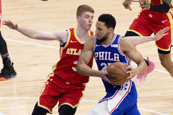 Jun 16, 2021; Philadelphia, Pennsylvania, USA; Philadelphia 76ers guard Ben Simmons (25) drives for a shot against Atlanta Hawks guard Kevin Huerter (3) during the second quarter in game five of the second round of the 2021 NBA Playoffs at Wells Fargo Center.